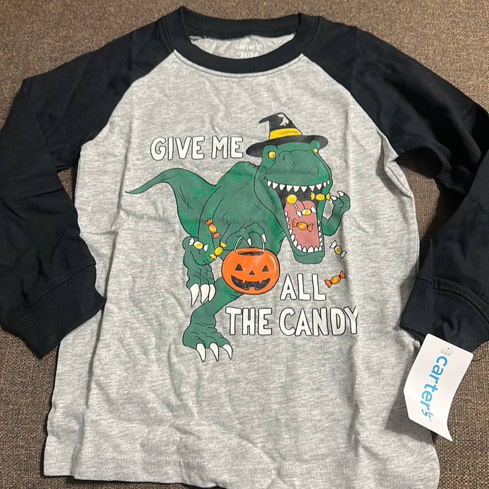 CARTER’S DINOSAUR HALLOWEEN LONG SLEEVE TEE: BLACK/GRAY: NEW WITH TAGS: SIZE 3T